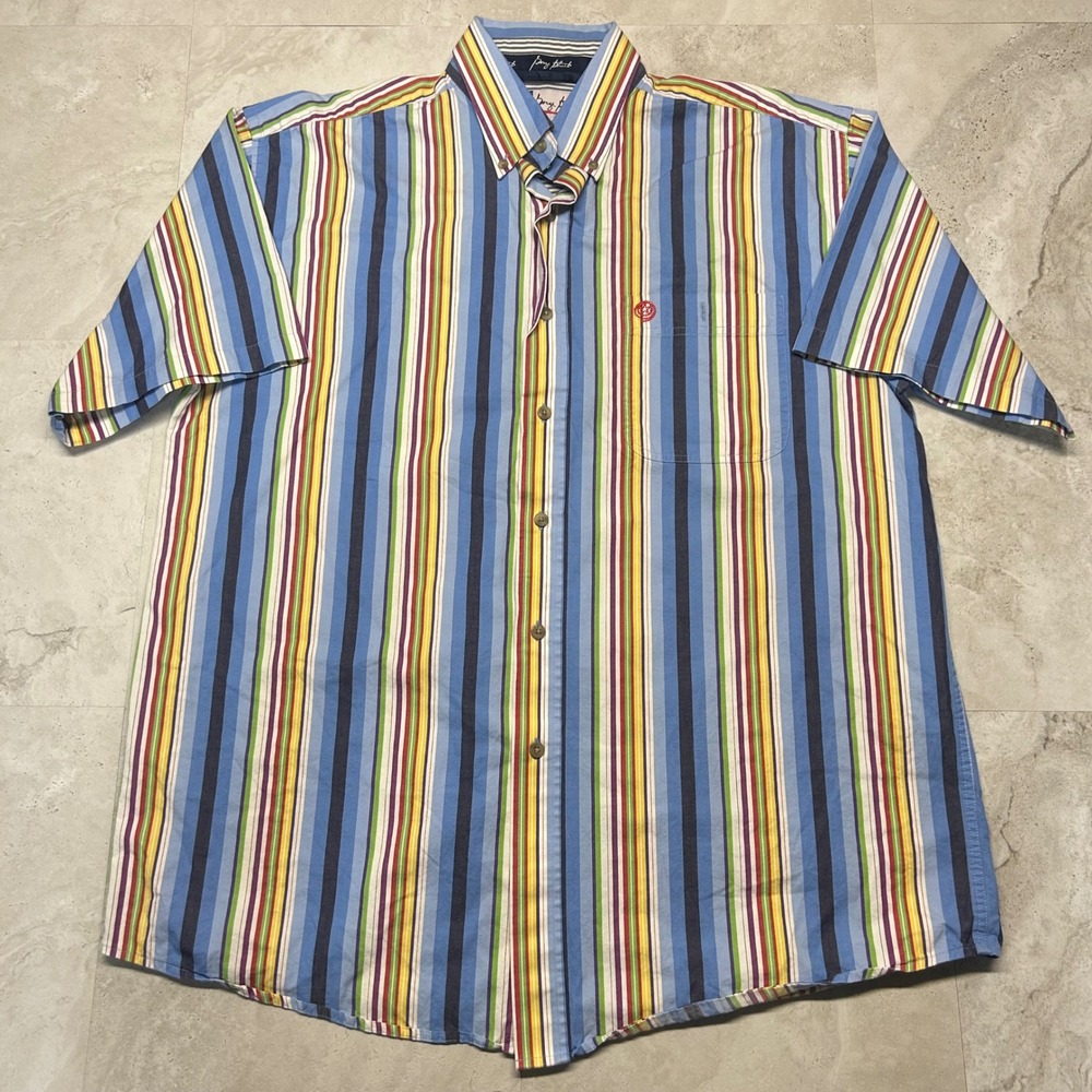 Wrangler George Strait Cowboy Cut Shirt Mens L Blue Multi Stripe Short Sleeve